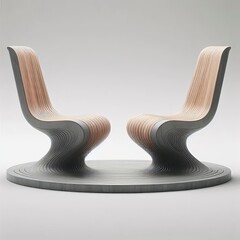 Two seats facing each other on a single curved base made of lami