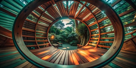 Obraz premium Circular wooden structure overlooking tropical garden in natural light 