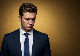 A businessman looking down with a sad expression.