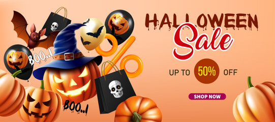 up to 50% off.halloween festival business promotion,shopping discount concept and advertising banner design.halloween decorations flying on orange color background vector illustration.