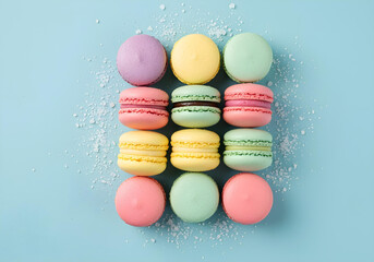 Overhead shot of pastel macarons arranged in a neat stack on a light blue background, styled with scattered sugar dust for a whimsical effect.