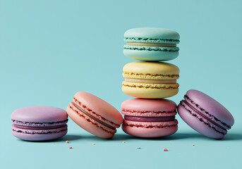 A stack of pastel macarons on a light blue background, shot in soft, diffused morning light, creating gentle shadows and highlights.