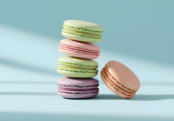 A stack of pastel macarons on a light blue background, shot in soft, diffused morning light, creating gentle shadows and highlights.
