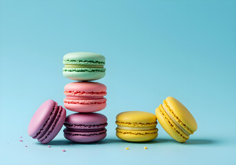 Pastel Macarons Stacked on Light Blue Background