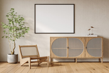 Contemporary Japandi scene with square frame, soft furnishings and wood textures