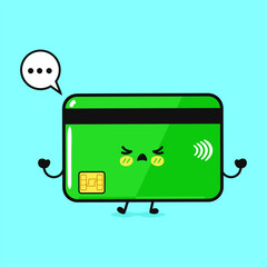 A cute and unhappy green credit card cartoon with a thought bubble.