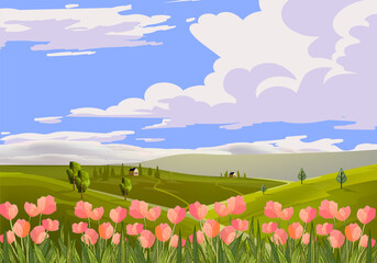 Beautiful nature countryside landscape with mountain, hill, meadow, field and clouds in blue sky background. 