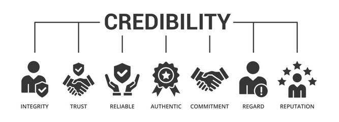 Credibility glyph banner icon with integrity, trust, reliable, authentic, commitment, regard, reputation