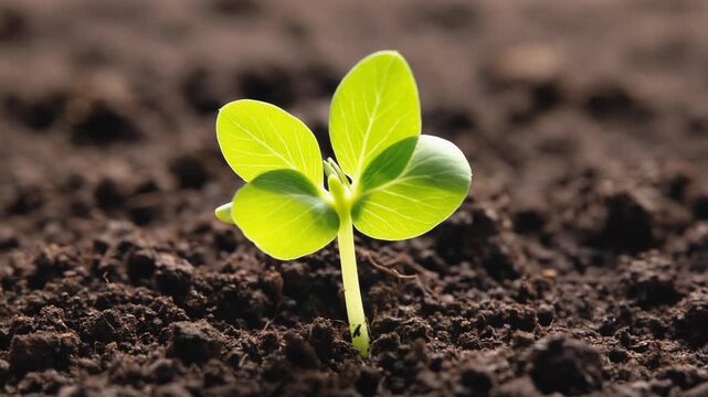 Time-lapse of pea seedling sprouting from fertile soil into young green plant