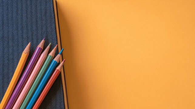 Colored pencils arranged on a dark-blue notepad against an orange background.
