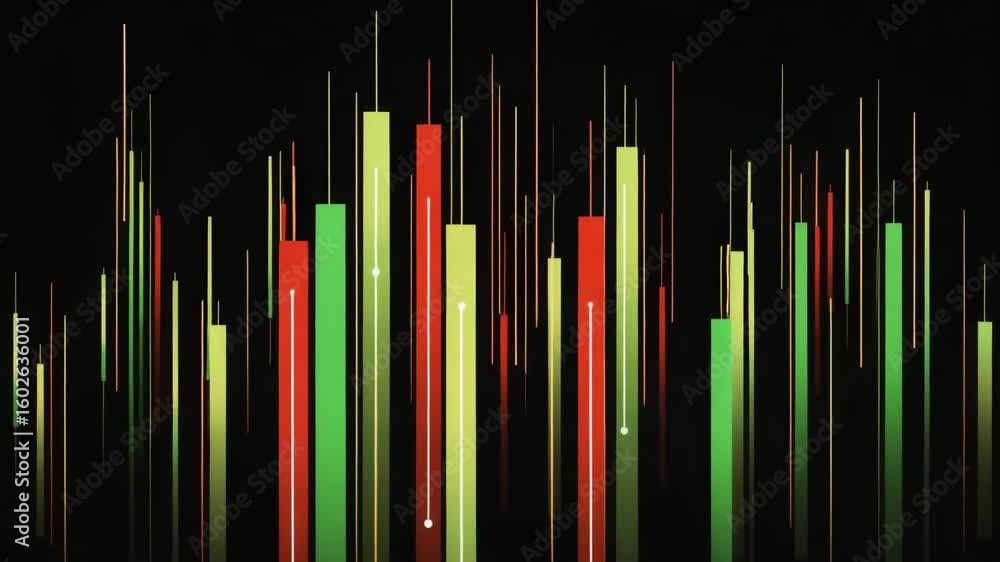 Wall mural colorful vertical bars with glowing tips create dynamic abstract digital visualization on black back
