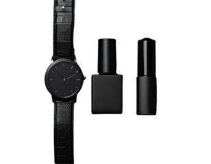  Dark Fashion Flatlay with Leather Watch Strap, Nail Polish, and Lip Gloss.