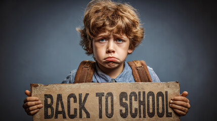 A boy, wearing a backpack, holds a sign that says "BACK TO SCHOOL" with a look of reluctance and boredom. This humorous image captures the difficulty of returning to school after summer vacation.