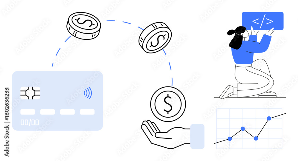 Poster credit card, dollar coins illustrating transaction, hand receiving money, programmer with coding scr