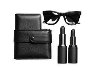 Black Leather Wallet, Sunglasses, and Matte Lipstick on Gray Surface