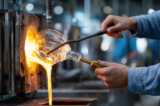 Skilled artisan shapes molten glass into a beautiful vessel at a workshop in broad daylight