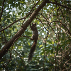 Fototapeta premium Photorealistic image of a Malabar giant squirrel in Pachmarhi Biosphere Reserve, hanging from a branch amid dappled forest light, rich foliage, and tangled vines in soft focus.