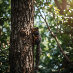 Obraz premium High-resolution photorealistic image of a Malabar giant squirrel on a tall tree in Pachmarhi Biosphere Reserve, surrounded by dense green canopy and soft sunlight with natural bokeh background.
