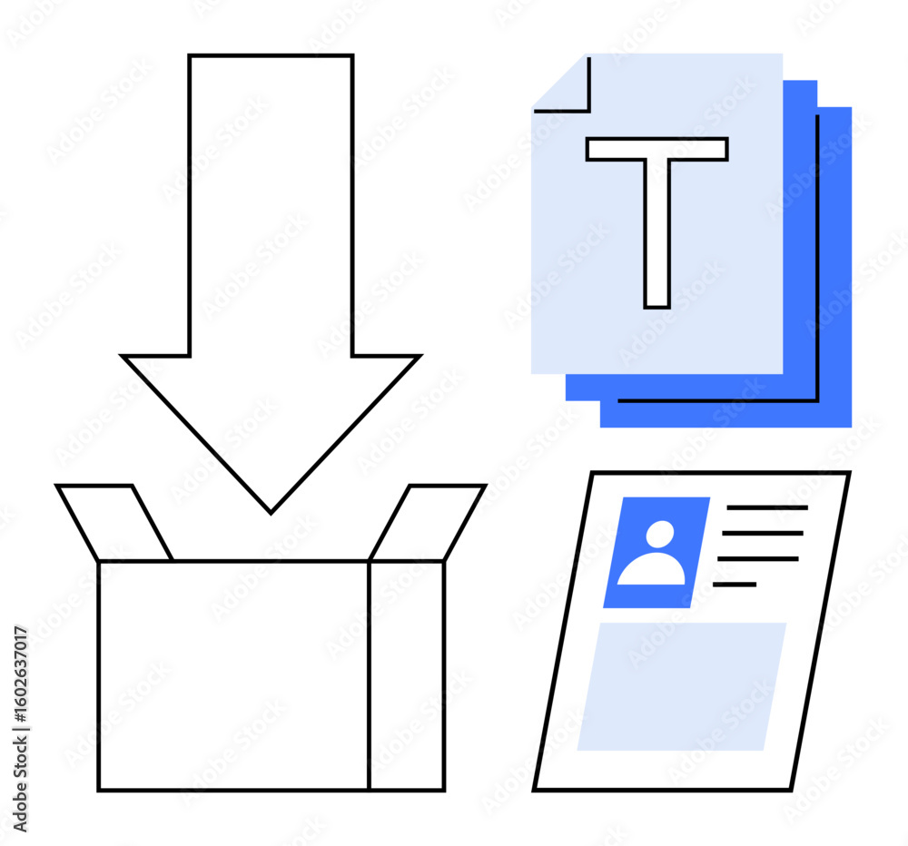 Poster arrow points to an open box symbolizing downloads, stack of text documents, and a profile data sheet