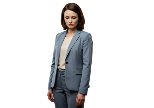 A businesswoman looking down with a sad expression on transparent background.