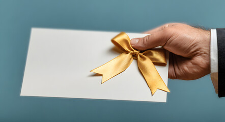 Hand presenting formal document or award certificate with golden ribbon
