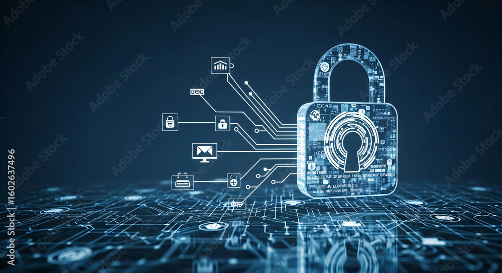 Poster digital padlock with network connection icons. cyber security, data protection and internet privacy 
