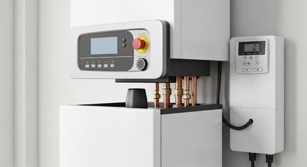Modern boiler room water heater for home heating system setup. Energy efficient gas boiler unit for residential house.