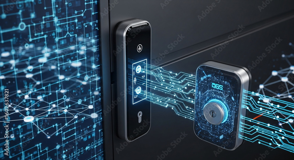 Poster digital smart lock and biometric scanner showing secure data connection. cybersecurity and modern ac