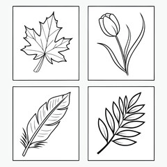Obraz premium Four Stylized Black Line Art Leaf Silhouettes Maple Tulip Feather Branch