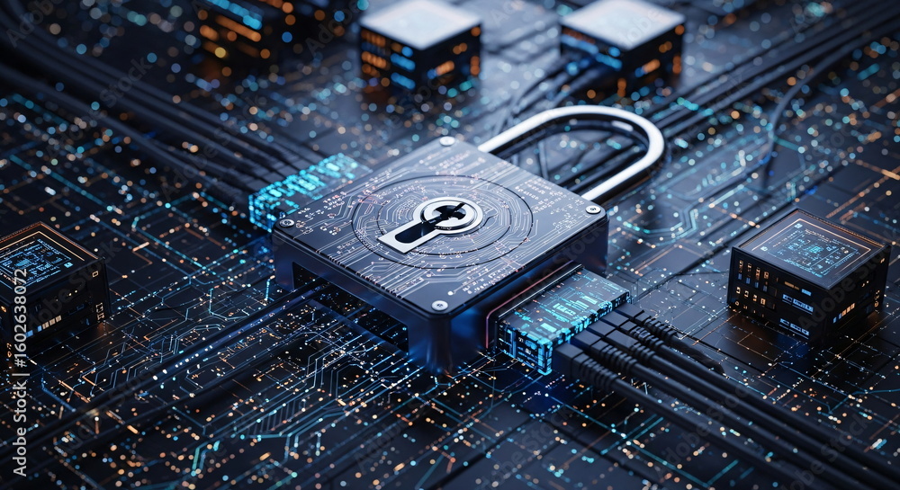 Poster data security concept presented as a digital padlock connected to a circuit board with network cable