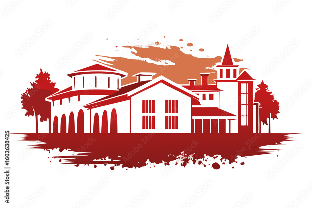 Poster captivating architectural silhouette featuring stately buildings and trees with a dynamic splash of 