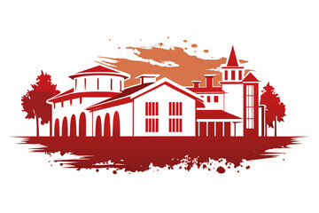 Captivating architectural silhouette featuring stately buildings and trees with a dynamic splash of color, perfect for showcasing heritage, real estate, or artistic concepts with bold visual impact.