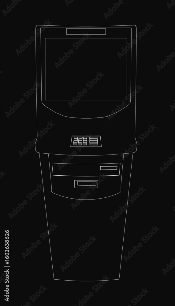 Poster a black and white contour drawing of an atm machine with clean lines and minimalist design, isolated