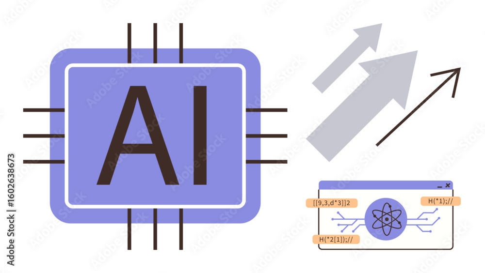 Poster ai processor chip, growth arrows, data network, atomic diagram. ideal for ai technology, data scienc