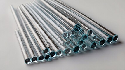 A collection of shiny, transparent glass straws arranged on a light background.