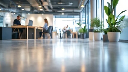 Modern office interior workspace with polished floor, green plants near large windows, desks, and people in bright, spacious environment featuring contemporary design and natural light