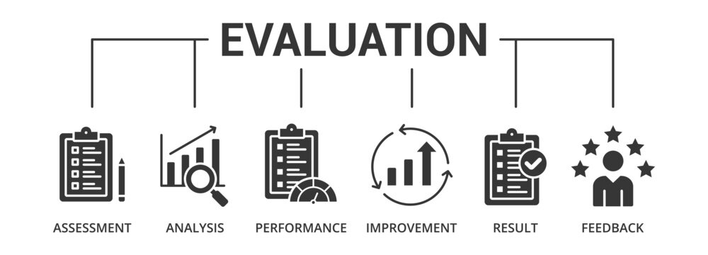 Evaluation glyph banner icon with assessment, analysis, performance, improvement, result, feedback