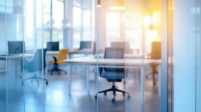 Modern office interior with glass walls, ergonomic swivel chairs, bright sunlight illuminating workspace, modern desk setup creating bright and inviting workspace atmosphere