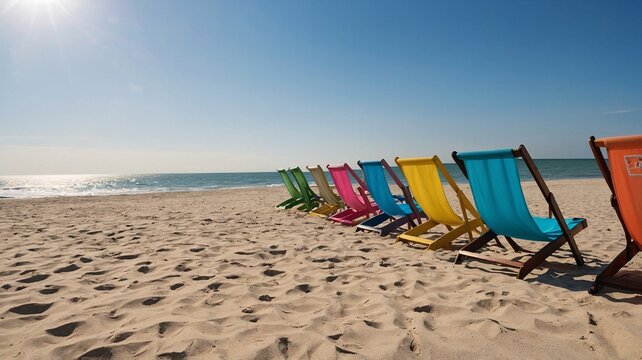 A row of colorful beach chairs on a sandy shore under a bright sky, perfect for relaxation. - Powered by Adobe
