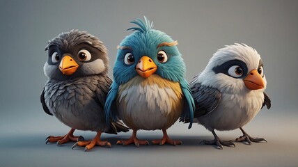 Three playful cartoon birds with vibrant colors and expressive eyes, standing together against a soft gray background.