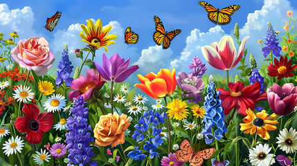 Vibrant meadow bursting with colorful spring flowers and delicate butterflies creates a cheerful, idyllic natural scene
