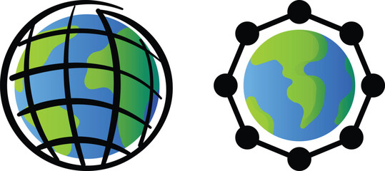 Abstract Vector Globe Icons. Blue Green Earth Symbol with Network and Grid Elements, Modern World Planet Map Illustration for Technology, Global Communication, Education, International Business, Web,