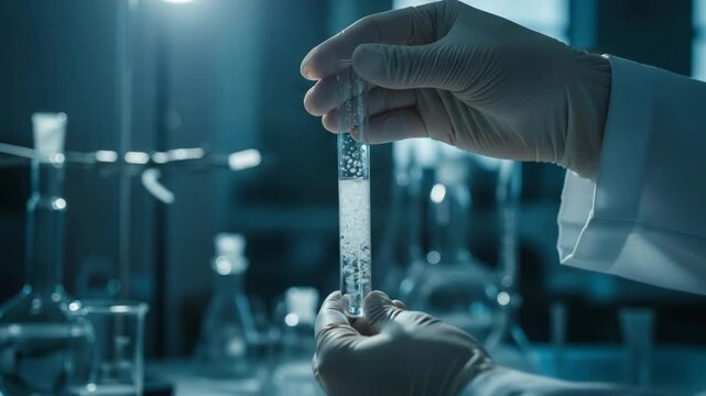 Close-up of gloved hands holding a test tube with gas bubbles in a laboratory setting. Symbolic representation of gas experiments, helium discovery, and scientific research.