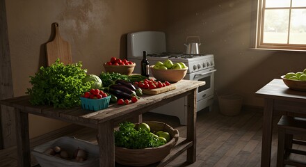 Rustic kitchen table with fresh produce
