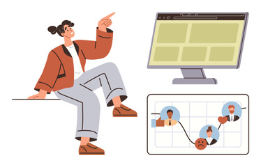 Woman gestures with pointer finger near a screen and lifecycle diagram connecting profiles. Ideal for teamwork, data analysis, project planning, online communication, psychology, collaboration