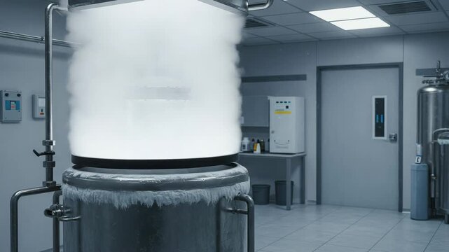 Cryogenic laboratory with fog rising from a liquid helium storage tank. Scientific environment, frost-covered metal surface, and industrial pipes in a modern lab setting.