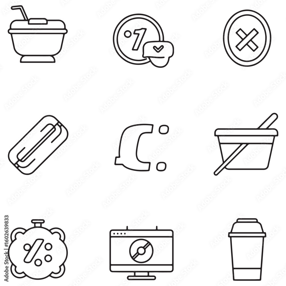Fototapete set of nine black and white outline icons depicting various concepts and objects