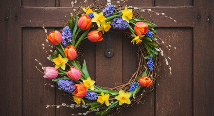 Spring floral wreath on wooden door