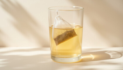 Tea bag steeping in glass of warm water on neutral background  