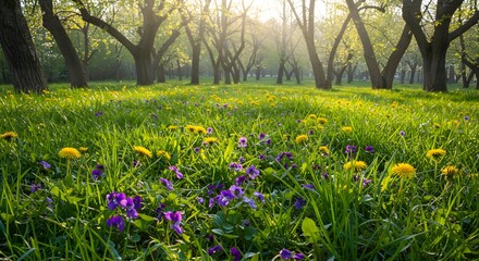 Spring meadow flowers under trees